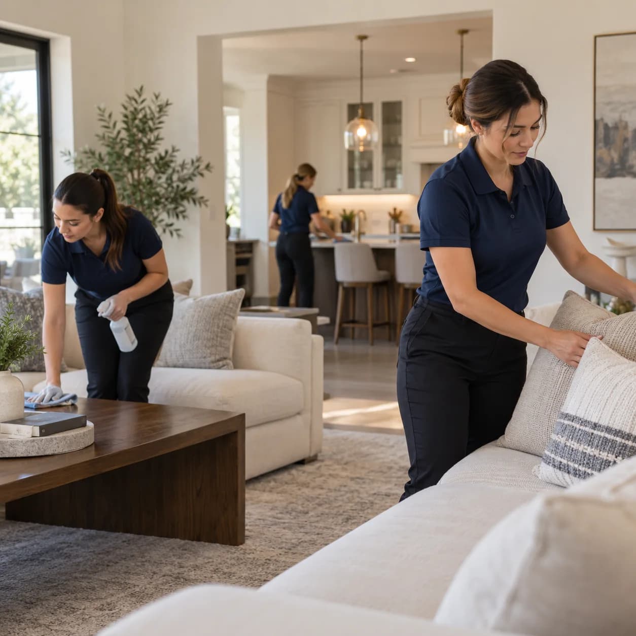 Aledo House Cleaning team in navy polos working through a bright living room together: one wiping a walnut coffee table, one fluffing sofa cushions and one wiping the kitchen counter behind