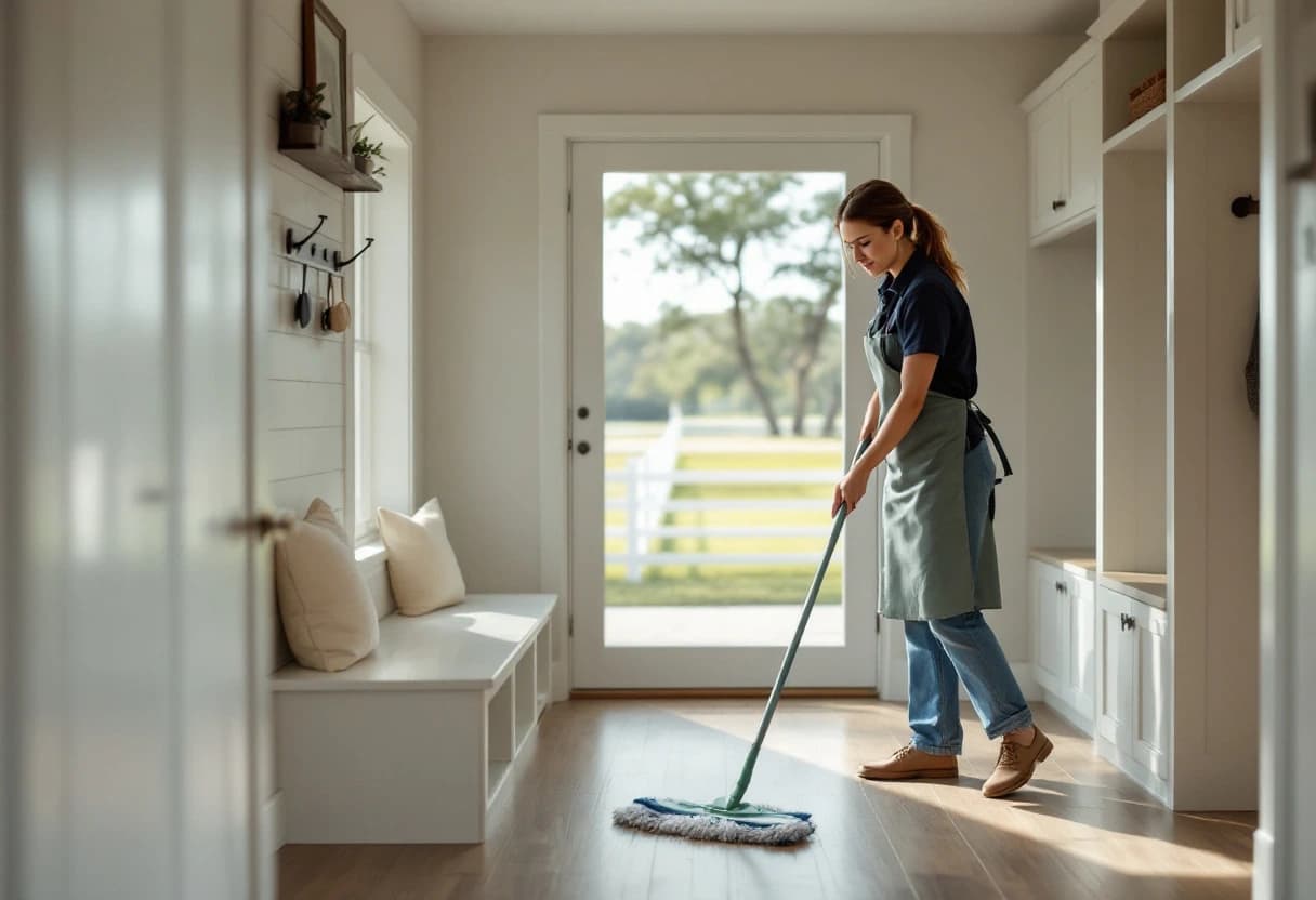 Housekeeper mopping the mudroom floor of a Texas ranch-style home with a pasture and pipe fence outside