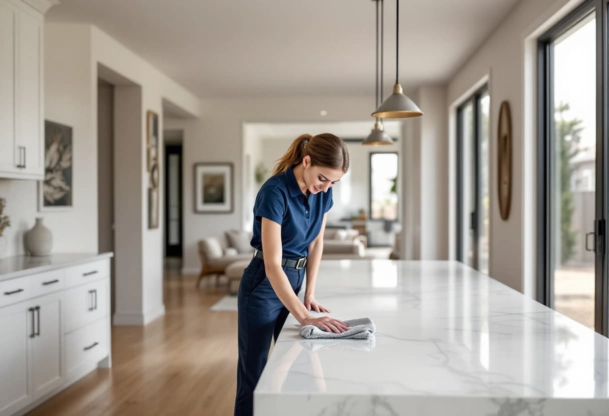 Aledo House Cleaning team member wiping the marble island of an open-concept luxury home in Aledo, TX, with the living room and tall windows beyond