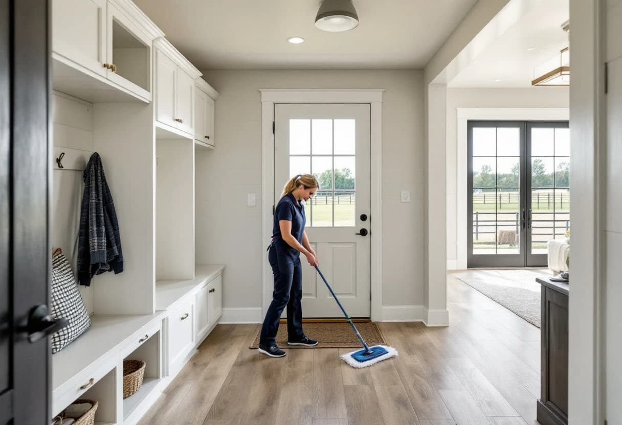Aledo House Cleaning team member mopping the mudroom of a ranch-style home in Annetta North, TX, with a pasture and pipe fence outside