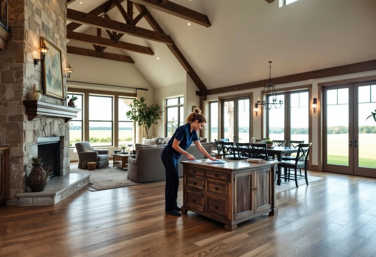 Aledo House Cleaning team member dusting a wooden console in the vaulted great room of a custom acreage home near Annetta, TX