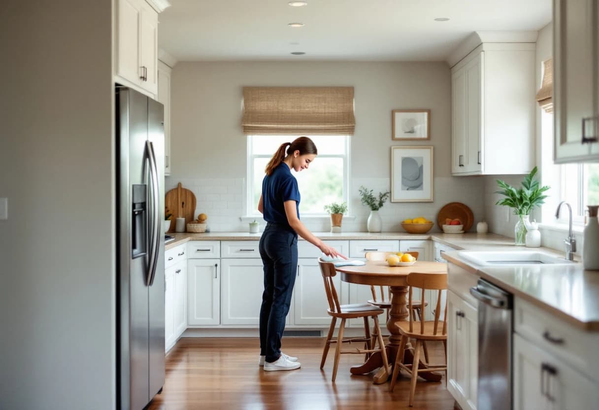 Aledo House Cleaning team member wiping the counter of a classic white kitchen with a breakfast nook in a Benbrook, TX family home