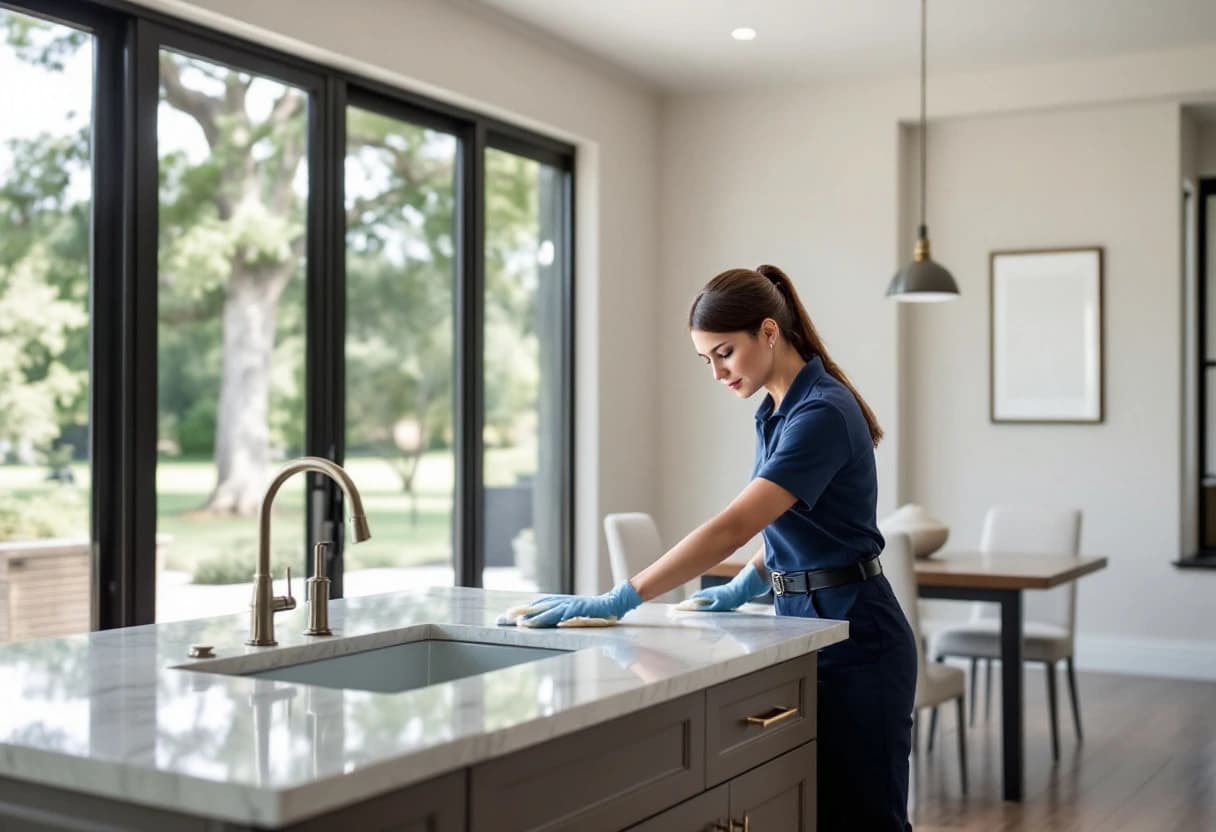 Aledo House Cleaning team member wiping a polished stone island beside floor-to-ceiling glass doors with oak trees outside in Hudson Oaks, TX
