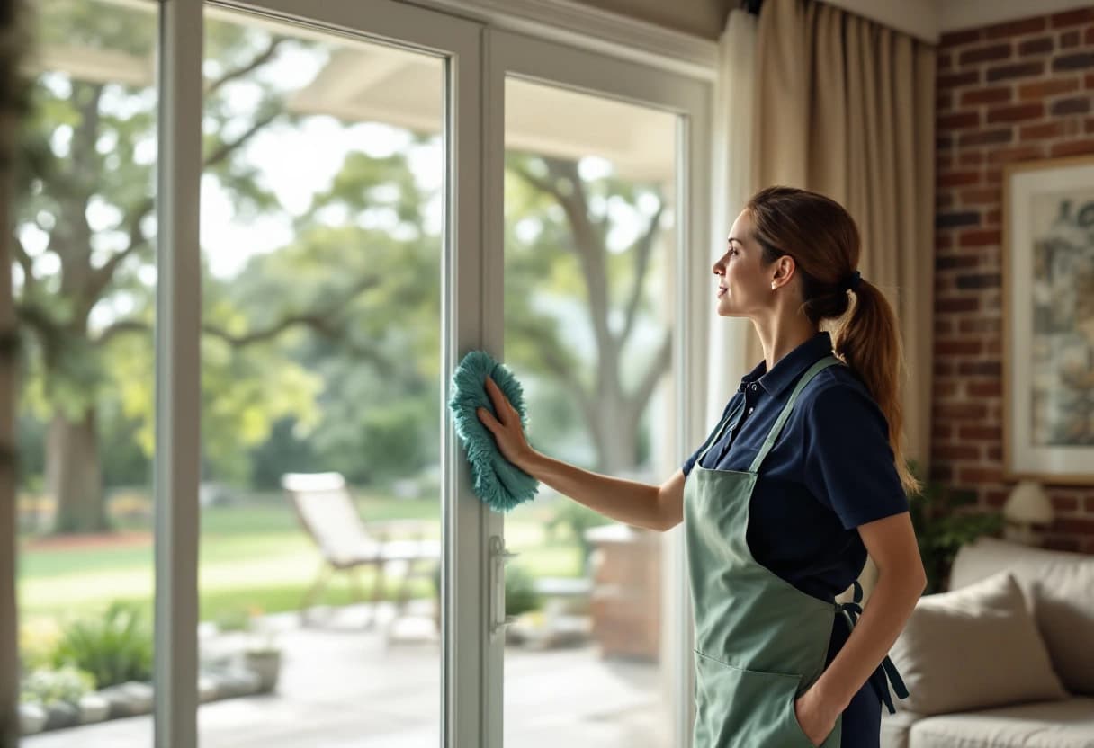 Housekeeper wiping a patio door in the family room of a single-story brick home shaded by oak trees