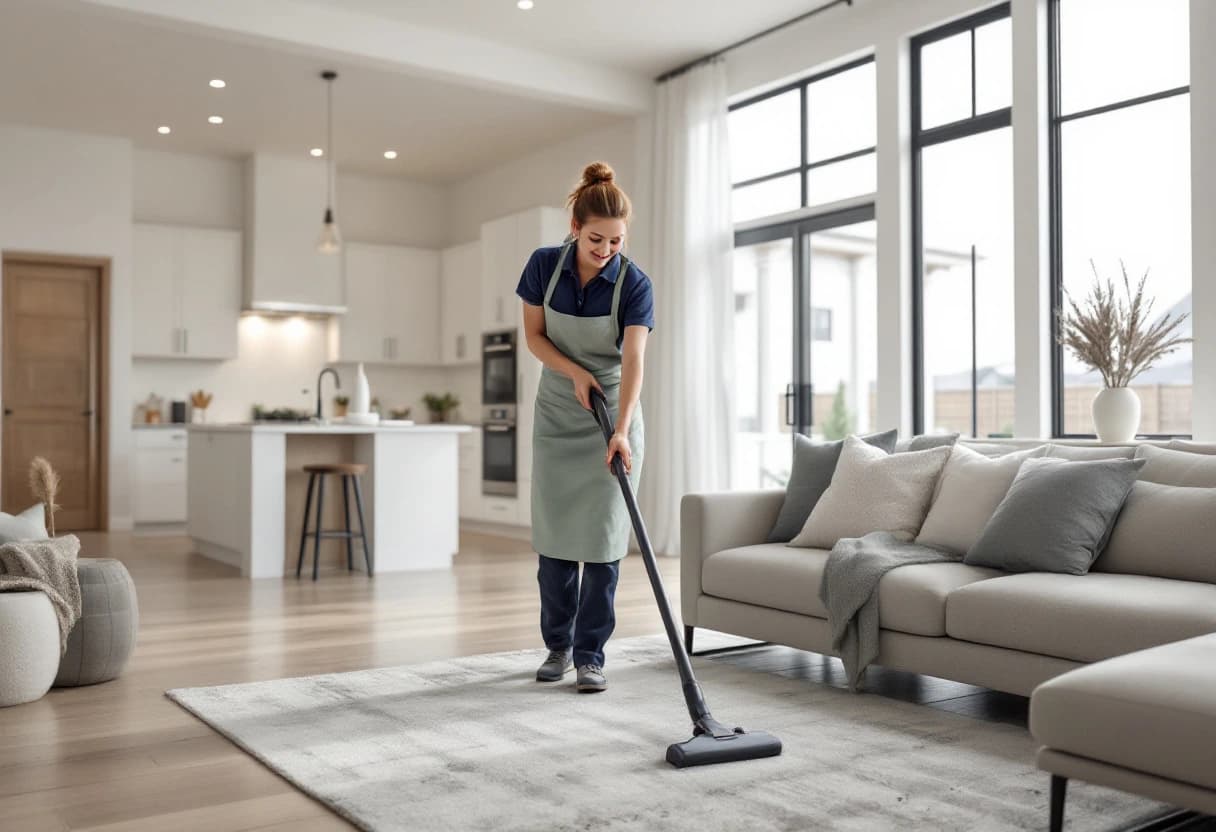 Housekeeper vacuuming the open-concept living room of a newly built home in a master-planned community