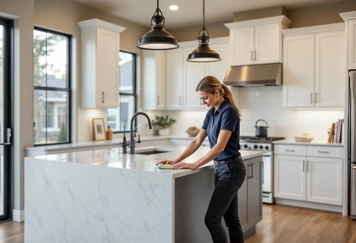 Aledo House Cleaning team member polishing the quartz waterfall island of a newly built home in Walsh Ranch, Fort Worth