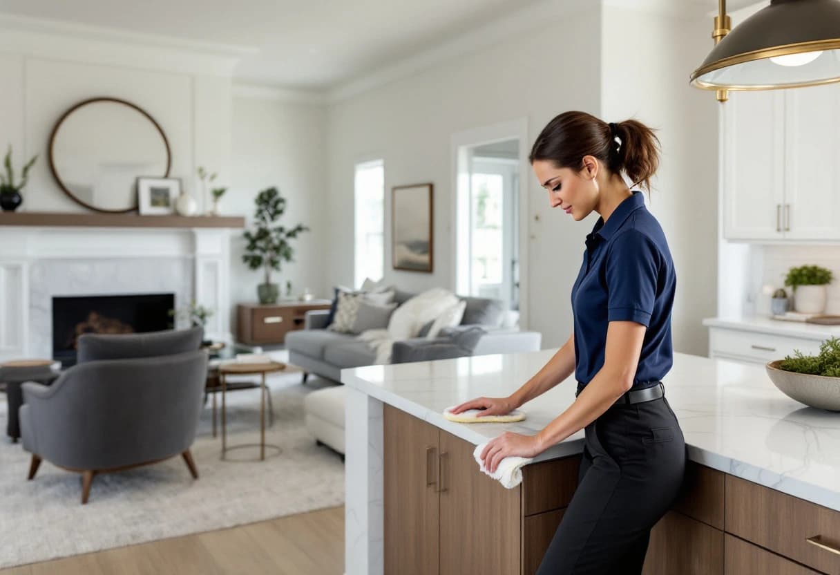 Aledo House Cleaning team member polishing the marble kitchen counter of a transitional luxury home in West Fort Worth