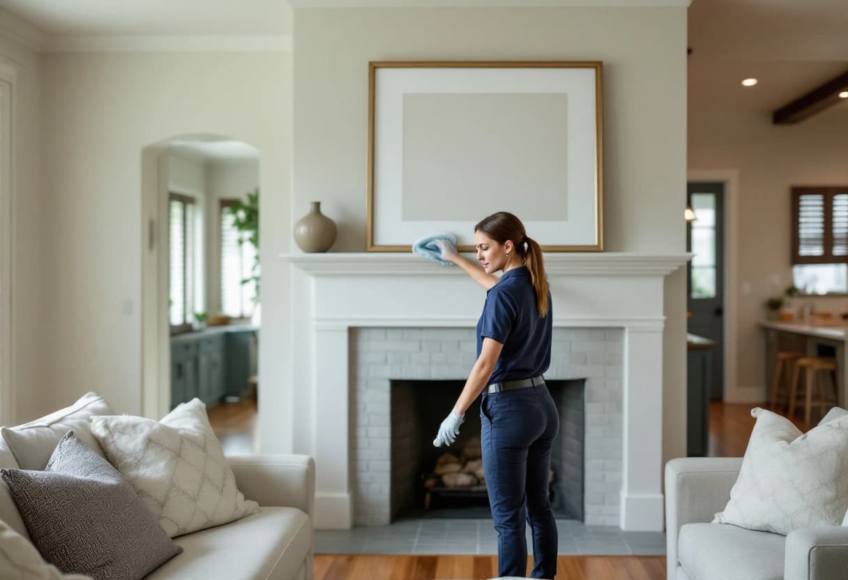 Aledo House Cleaning team member dusting the white fireplace mantel of a traditional family room in Willow Park, TX