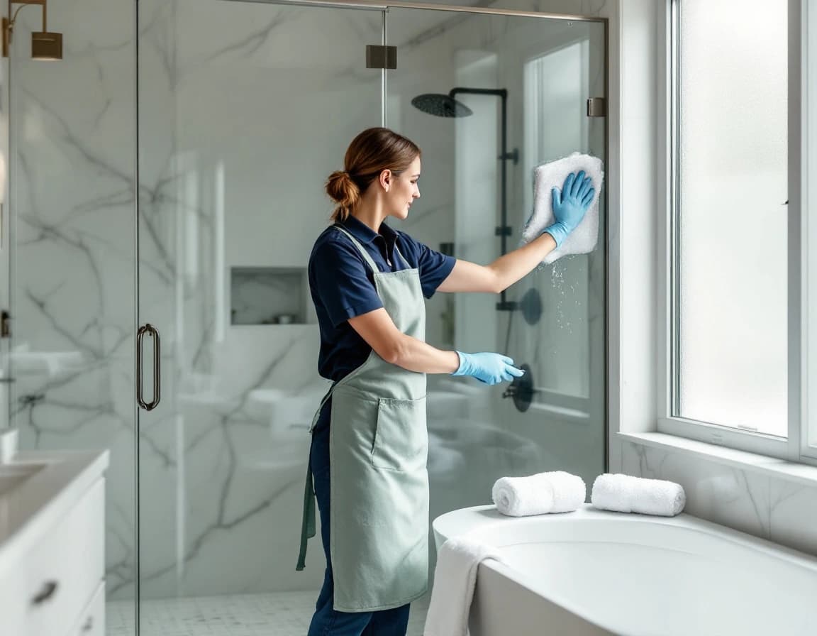 Housekeeper in gloves wiping a frameless glass shower beside a soaking tub during a deep cleaning