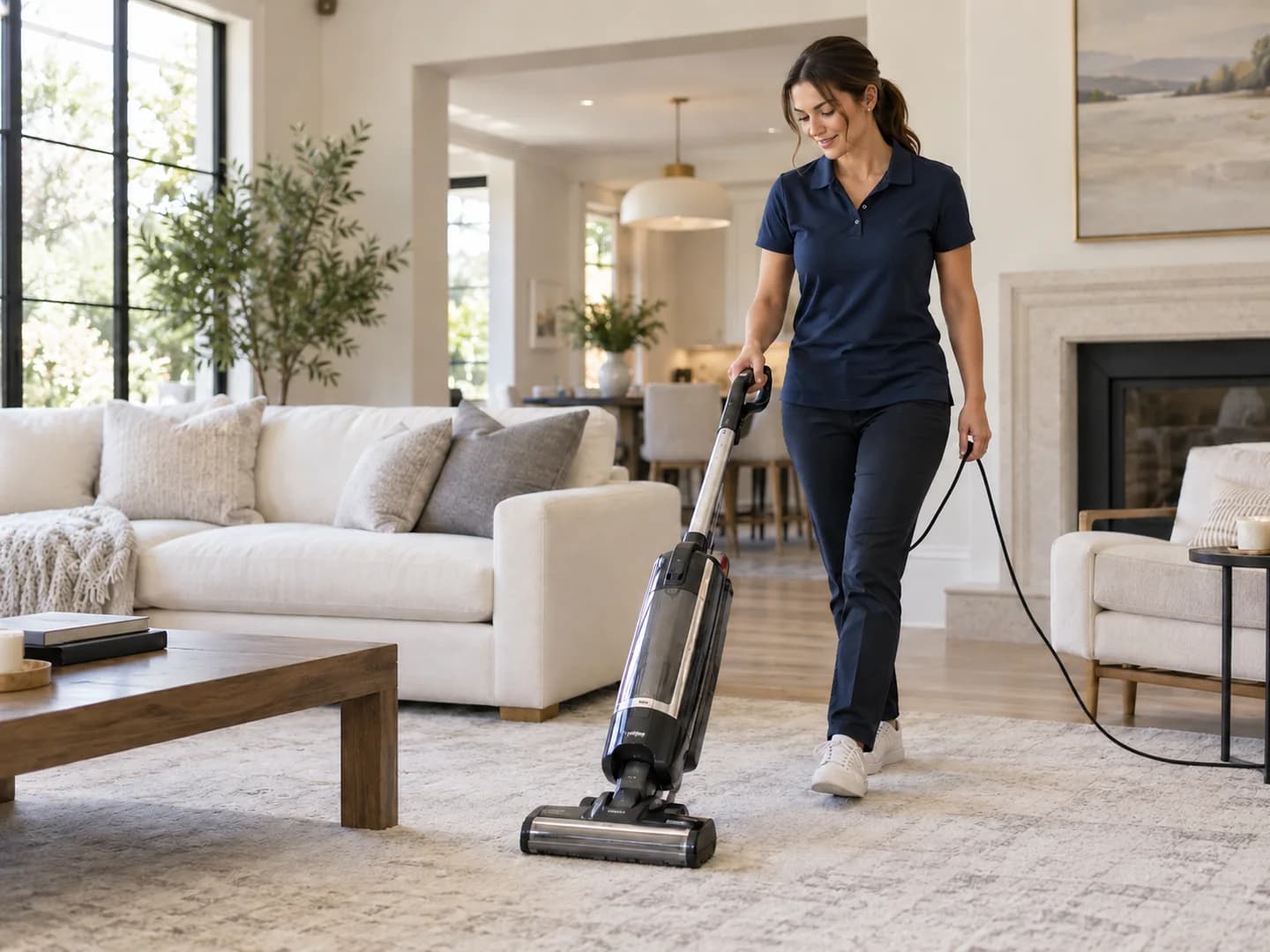 Aledo House Cleaning team member in a navy polo vacuuming the area rug of a bright living room with a linen sofa and stone fireplace during a deep cleaning in Aledo, TX