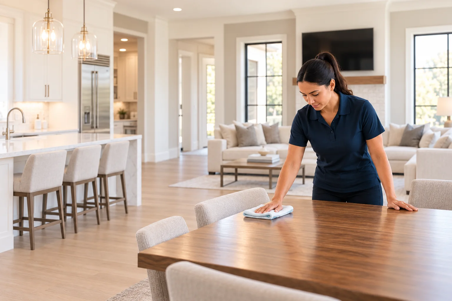 Aledo House Cleaning team member in a navy polo wiping a walnut dining table in an open-plan Aledo, Texas home with the kitchen and living room behind her