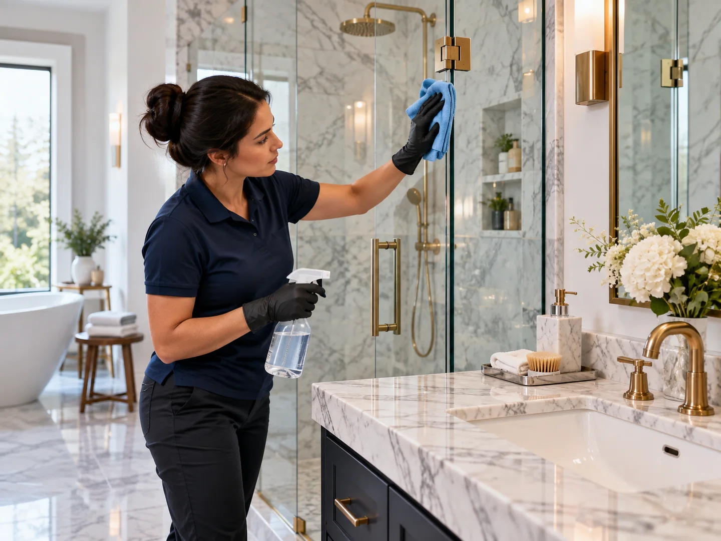 Aledo House Cleaning team member in a navy branded polo wiping the glass shower door of a marble bathroom during a house cleaning in Aledo, TX