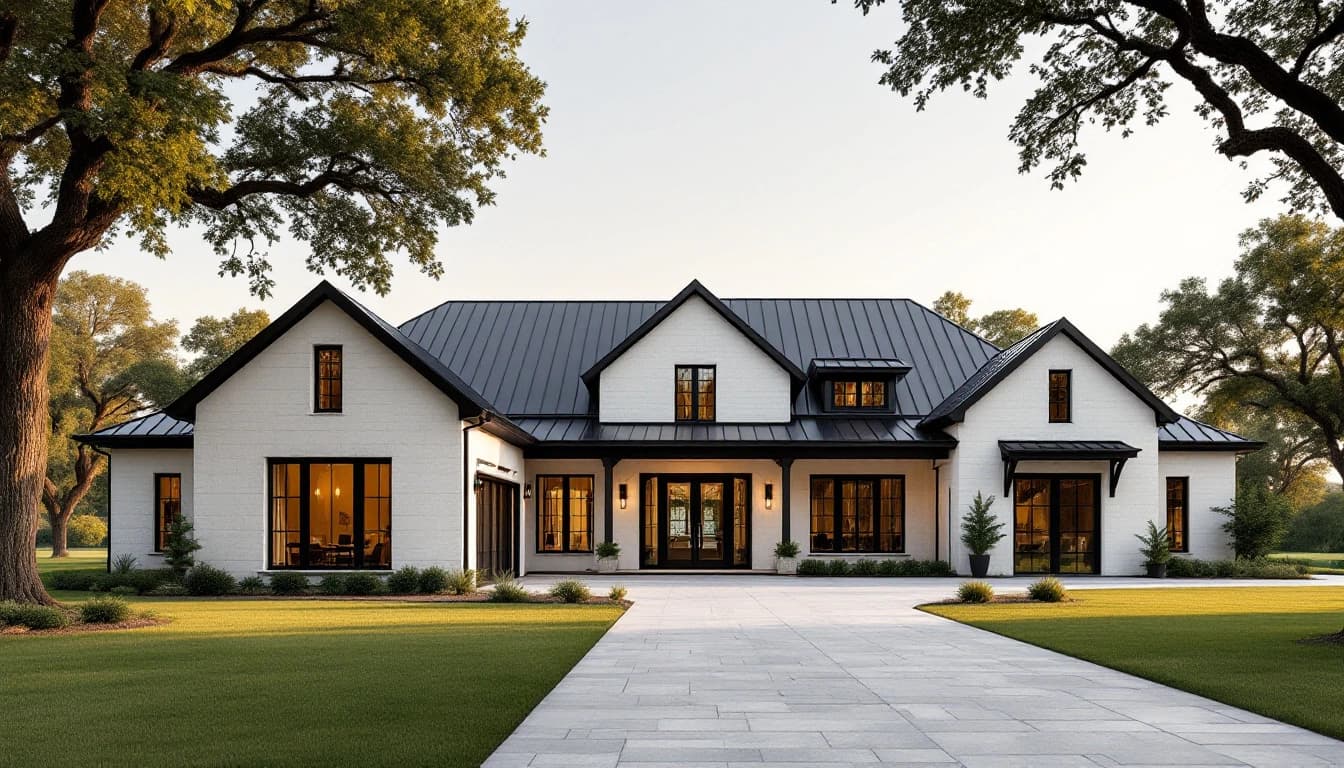 Modern farmhouse-style estate home with white limestone walls and live oak trees on an acreage lot near Aledo, Texas