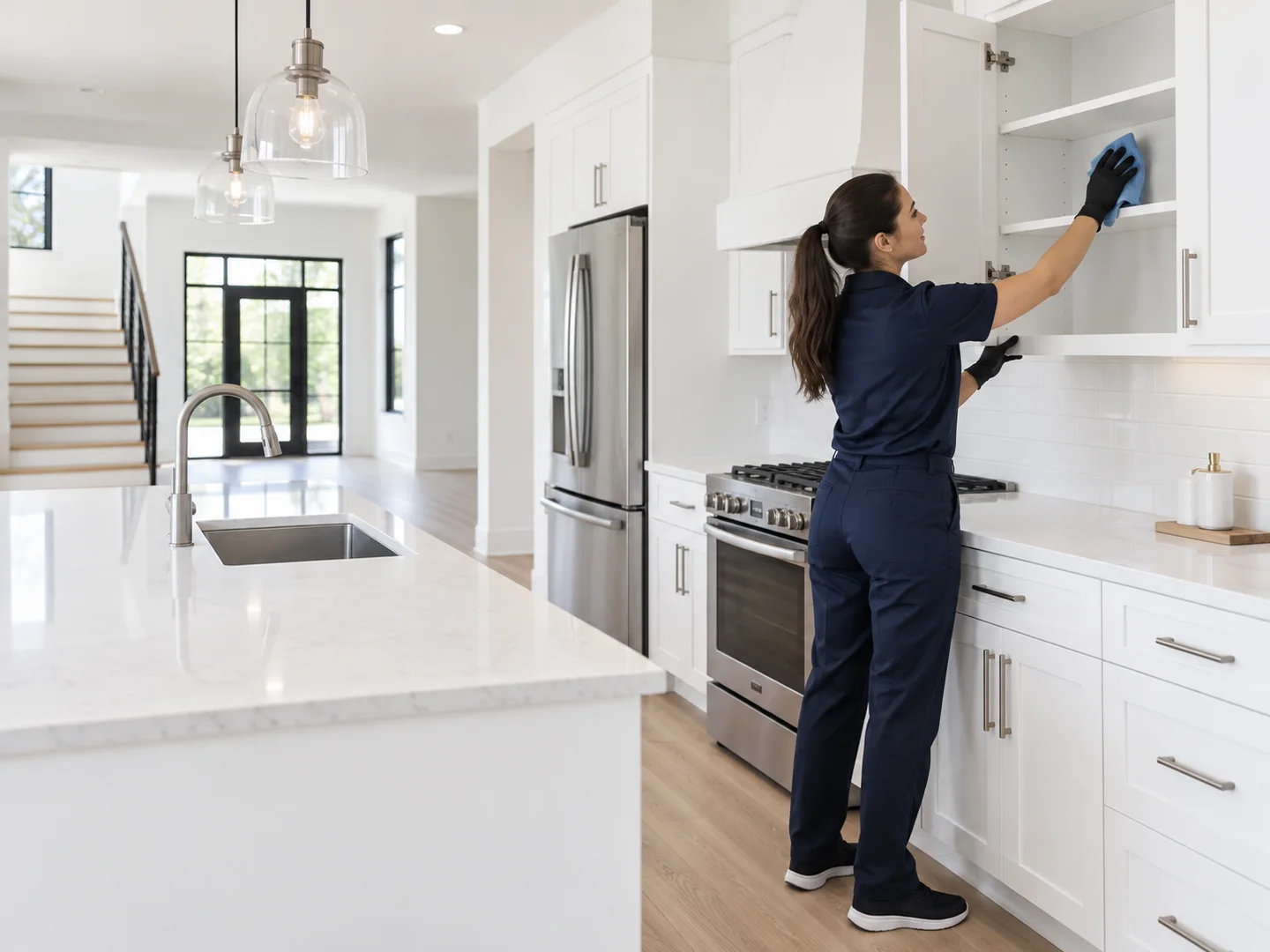 Aledo House Cleaning team member in a navy uniform wiping the inside of empty white kitchen cabinets in a vacant new home during a move-in/move-out cleaning in Aledo, TX