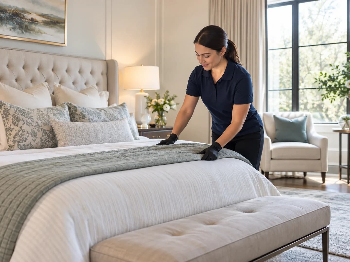 Aledo House Cleaning team member in a navy polo smoothing the quilt on a king bed in a bright primary bedroom during a recurring cleaning visit in Aledo, TX